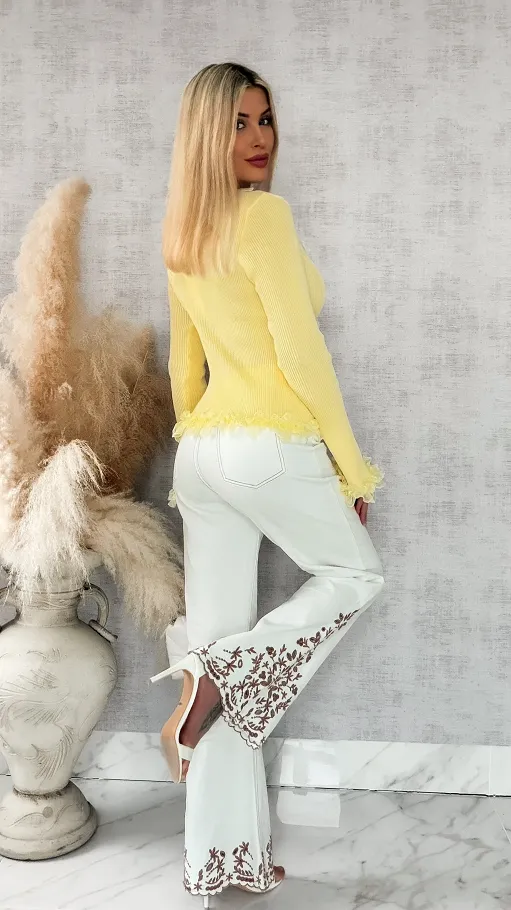 Modna dzianinowa bluzka z koronką i dzwonami ONE SIZE żółta - R442B