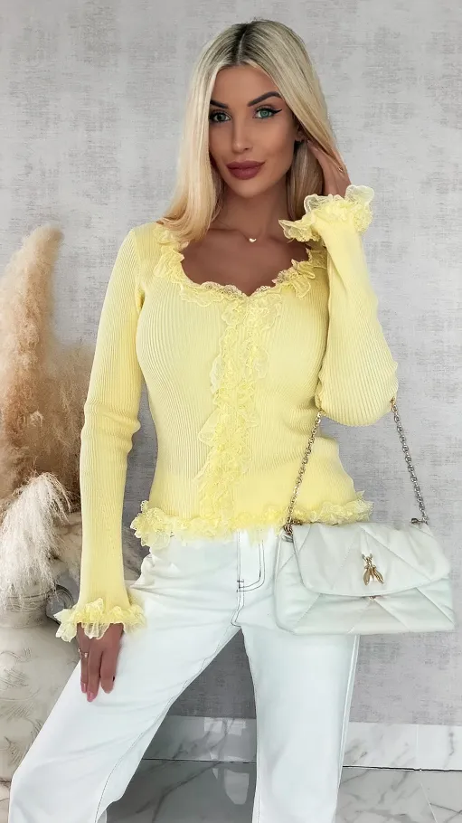 Modna dzianinowa bluzka z koronką i dzwonami ONE SIZE żółta - R442B