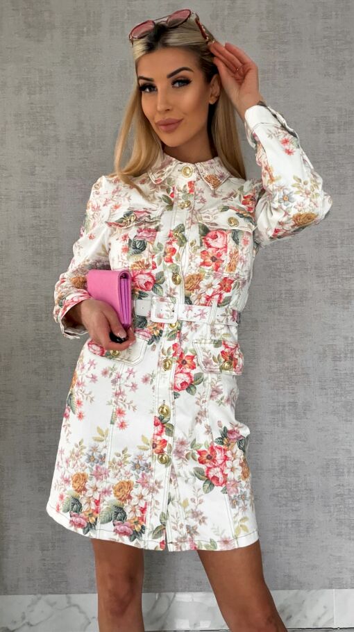 Elastyczna jeansowa sukienka w kolorowe kwiaty WHITE JEANS - R628A