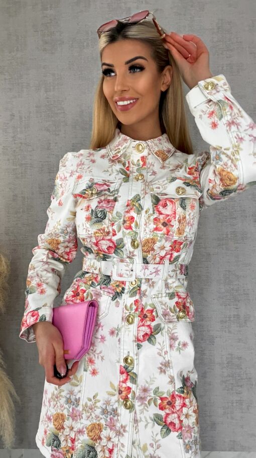 Elastyczna jeansowa sukienka w kolorowe kwiaty WHITE JEANS - R628A