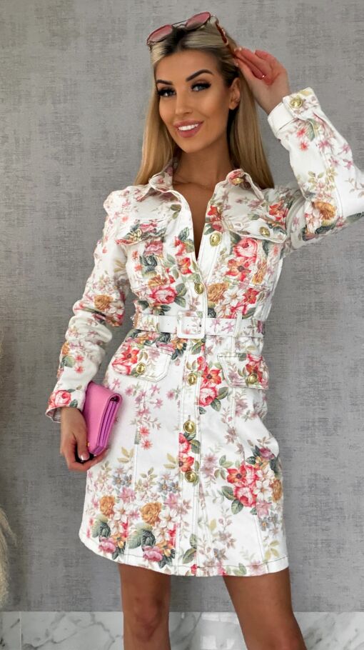 Elastyczna jeansowa sukienka w kolorowe kwiaty WHITE JEANS - R628A