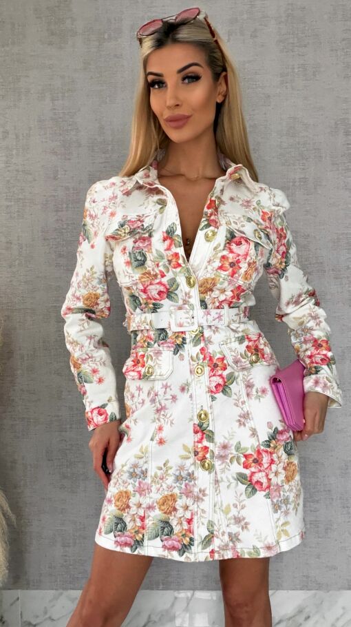 Elastyczna jeansowa sukienka w kolorowe kwiaty WHITE JEANS - R628A