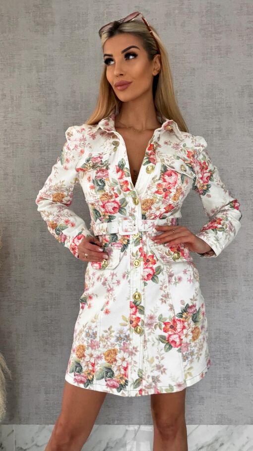 Elastyczna jeansowa sukienka w kolorowe kwiaty WHITE JEANS - R628A