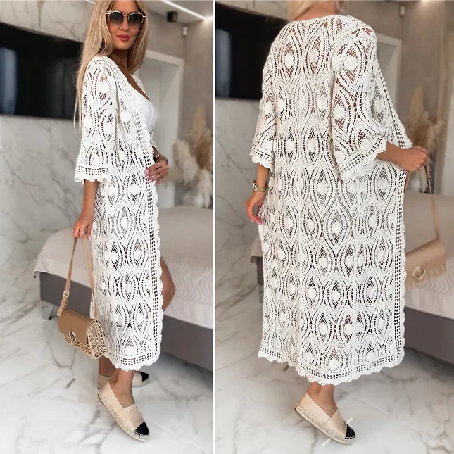 Sukienka szydełkowa bawełniana narzutka na guziki BIAŁA one size - R923