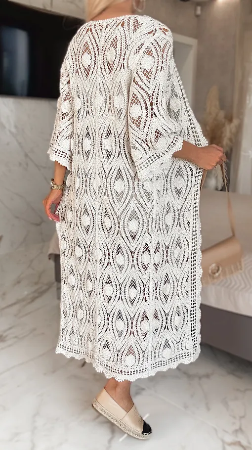 Sukienka szydełkowa bawełniana narzutka na guziki BIAŁA one size - R923