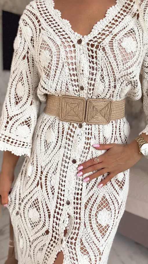 Sukienka szydełkowa bawełniana narzutka na guziki BIAŁA one size - R923