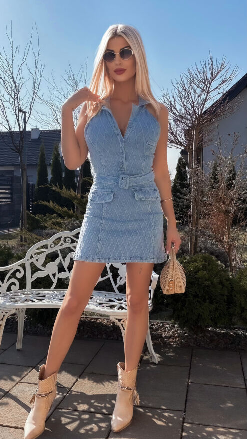 Mega elastyczna jeansowa sukienka na ramiączkach BLUE JEANS - R781