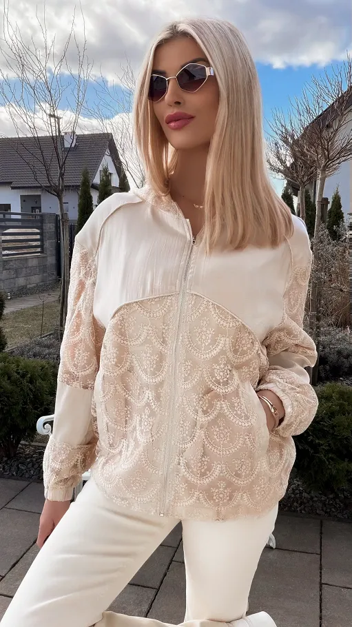 Świetna beżowa bluza na zamek z kapturem ONE SIZE - R822A