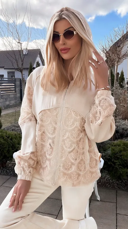 Świetna beżowa bluza na zamek z kapturem ONE SIZE - R822A