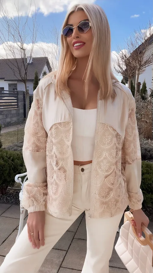 Świetna beżowa bluza na zamek z kapturem ONE SIZE - R822A