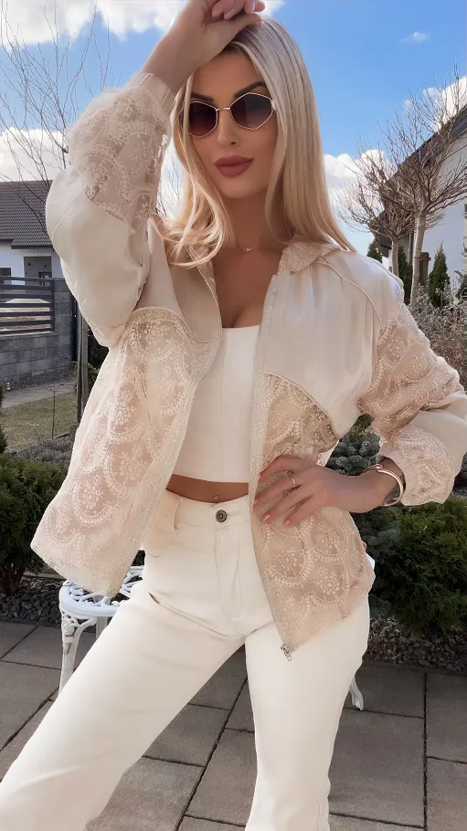 Świetna beżowa bluza na zamek z kapturem ONE SIZE - R822A