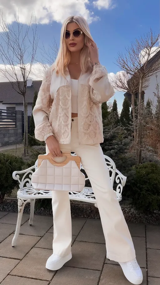 Świetna beżowa bluza na zamek z kapturem ONE SIZE - R822A