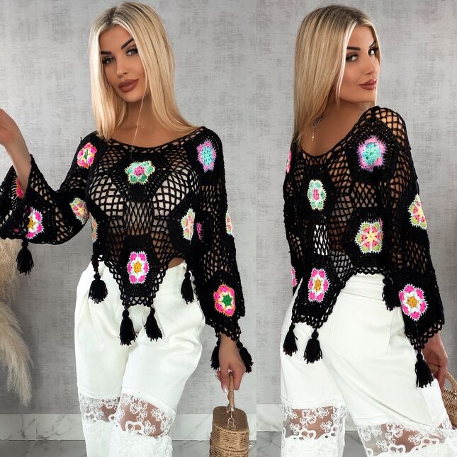 Czarny ażurowy sweter szydełkowy z chwostami ONE SIZE - R409A