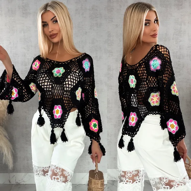 Czarny ażurowy sweter szydełkowy z chwostami ONE SIZE - R409A