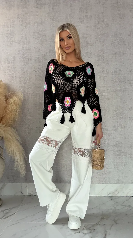 Czarny ażurowy sweter szydełkowy z chwostami ONE SIZE - R409A