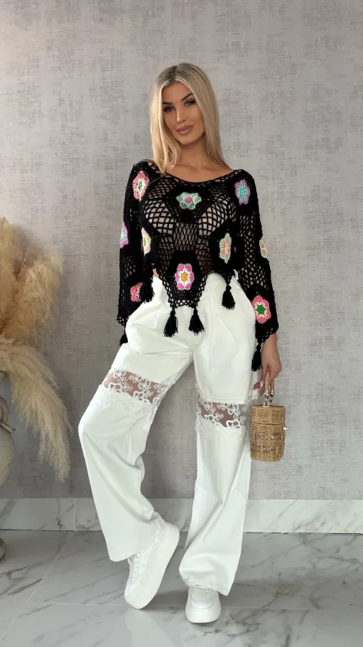 Czarny ażurowy sweter szydełkowy z chwostami ONE SIZE - R409A