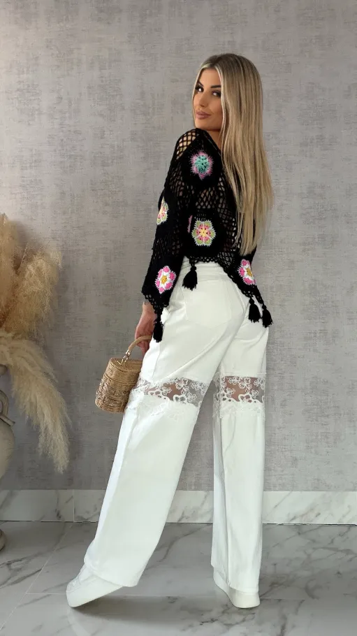 Czarny ażurowy sweter szydełkowy z chwostami ONE SIZE - R409A