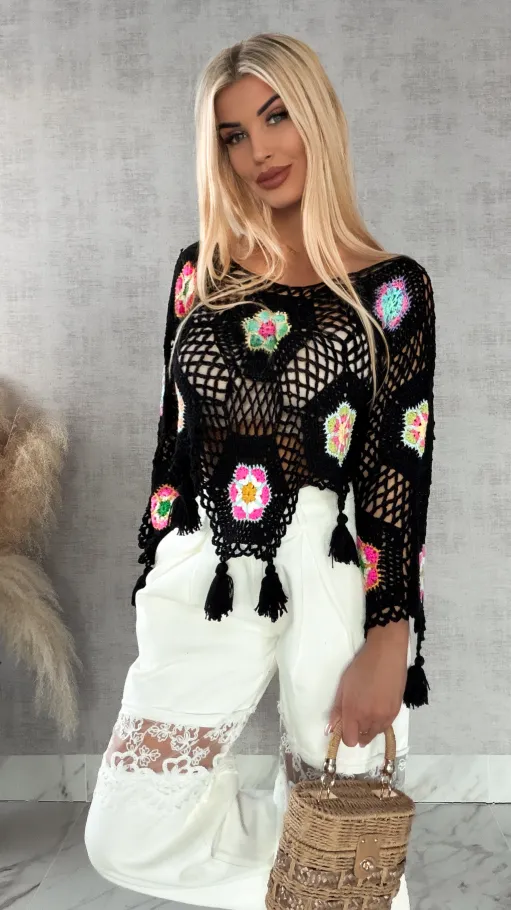 Czarny ażurowy sweter szydełkowy z chwostami ONE SIZE - R409A