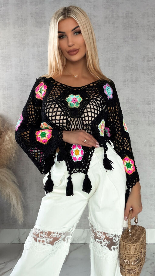 Czarny ażurowy sweter szydełkowy z chwostami ONE SIZE - R409A