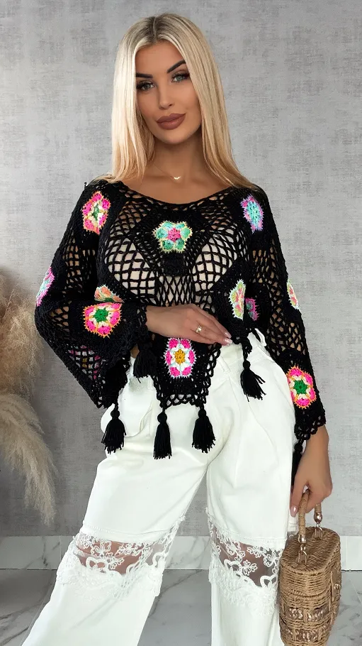 Czarny ażurowy sweter szydełkowy z chwostami ONE SIZE - R409A