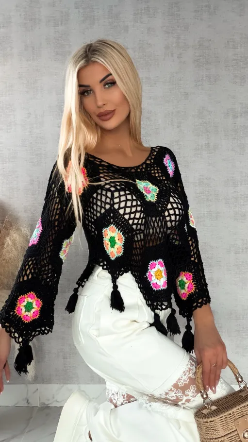 Czarny ażurowy sweter szydełkowy z chwostami ONE SIZE - R409A