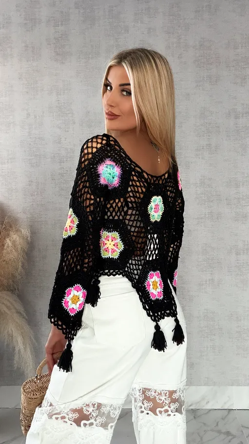 Czarny ażurowy sweter szydełkowy z chwostami ONE SIZE - R409A