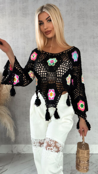 Czarny ażurowy sweter szydełkowy z chwostami ONE SIZE - R409A