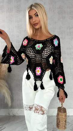 Czarny ażurowy sweter szydełkowy z chwostami ONE SIZE - R409A