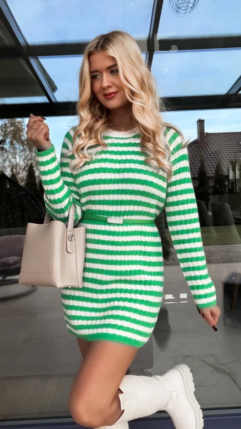 Swetrowa sukienka w zielone paski ONE SIZE - R270A