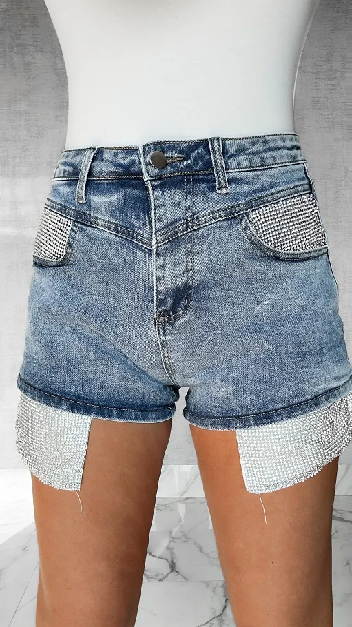 Szorty jeansowe z cyrkoniami BLUE JEANS elastyczne - P416