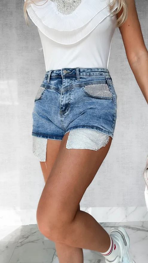 Szorty jeansowe z cyrkoniami BLUE JEANS elastyczne - P416