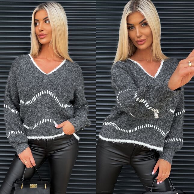 Grafitowy sweter w serek z kontrastowym szwem ONE SIZE - S374A