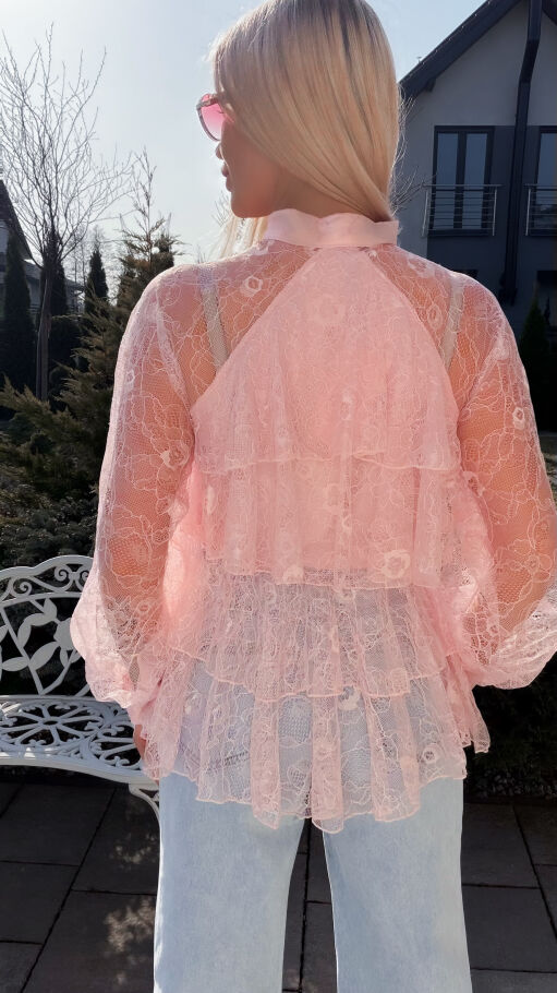 Elegancka różowa bluzka z miękkiej koronki z wiązaniem ONE SIZE - R785