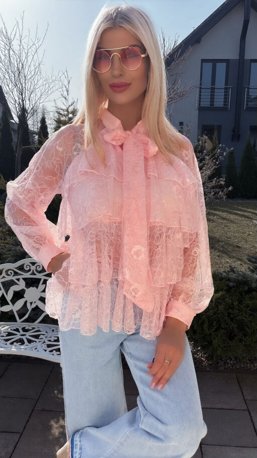 Elegancka różowa bluzka z miękkiej koronki z wiązaniem ONE SIZE - R785