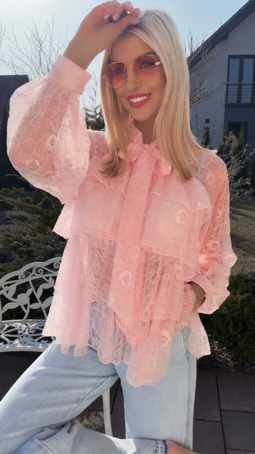 Elegancka różowa bluzka z miękkiej koronki z wiązaniem ONE SIZE - R785
