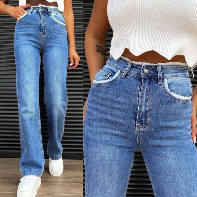 Oryginalne elastyczne spodnie jeansowe WIDE LEG FIT z koronką BLUE JEANS - S324