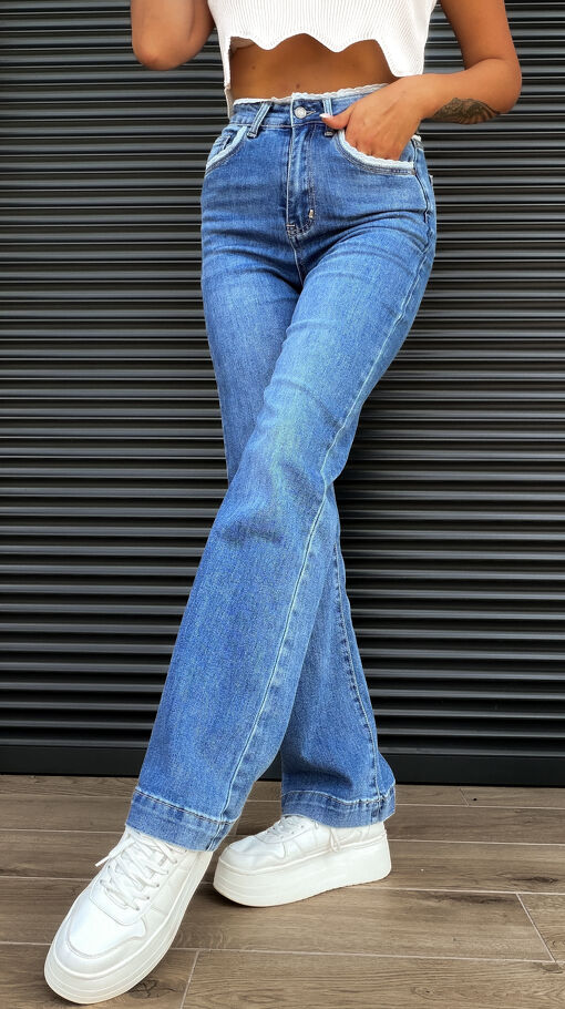 Oryginalne elastyczne spodnie jeansowe WIDE LEG FIT z koronką BLUE JEANS - S324