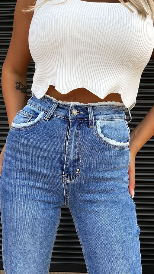 Oryginalne elastyczne spodnie jeansowe WIDE LEG FIT z koronką BLUE JEANS - S324