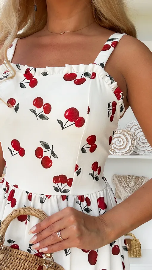 Elegancka biała sukienka w wisienki ONE SIZE - P920