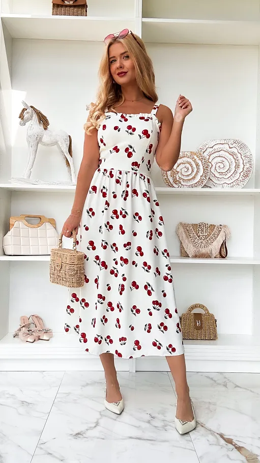 Elegancka biała sukienka w wisienki ONE SIZE - P920