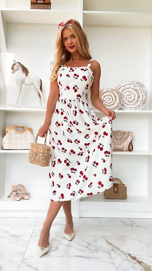 Elegancka biała sukienka w wisienki ONE SIZE - P920