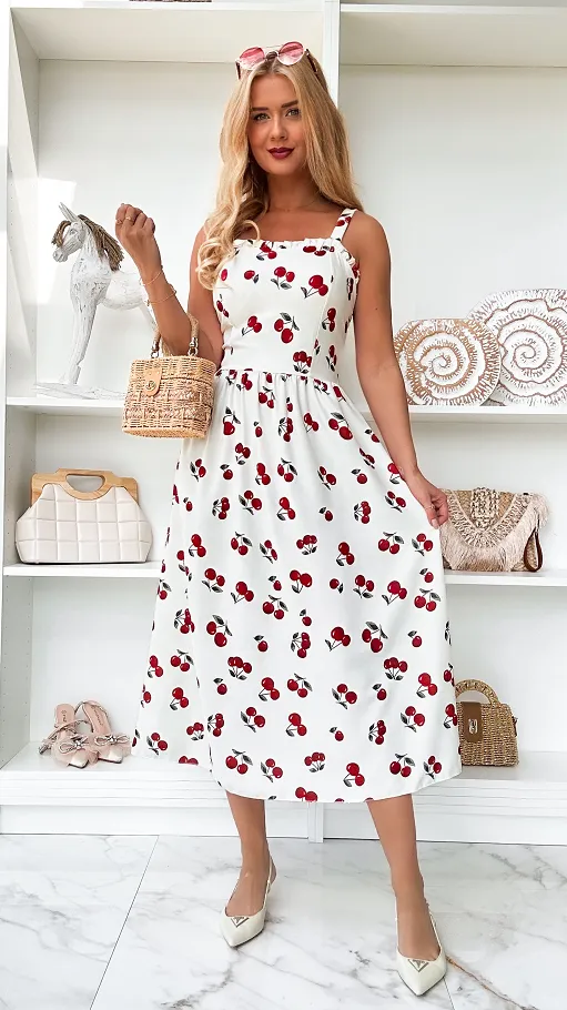 Elegancka biała sukienka w wisienki ONE SIZE - P920
