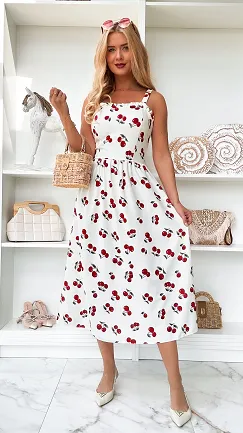 Elegancka biała sukienka w wisienki ONE SIZE - P920