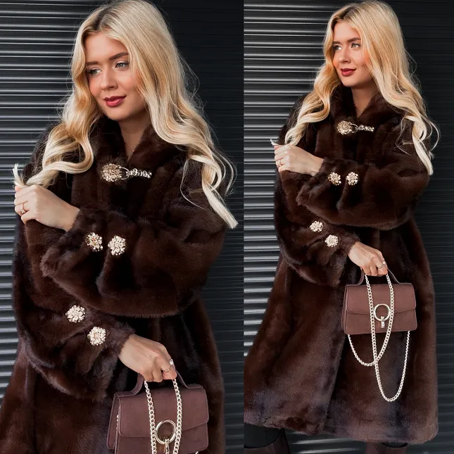 Premium futro z kapturem zdobione cyrkoniami BRĄZOWE - R212A