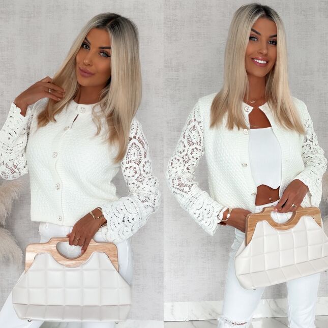 Modny sweter ECRU z gipiurowym rękawami ONE SIZE - S150