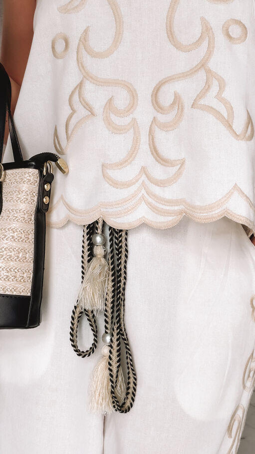 Elegancki BIAŁY komplet w stylu boho bluzka + spodnie z LNEM - R968