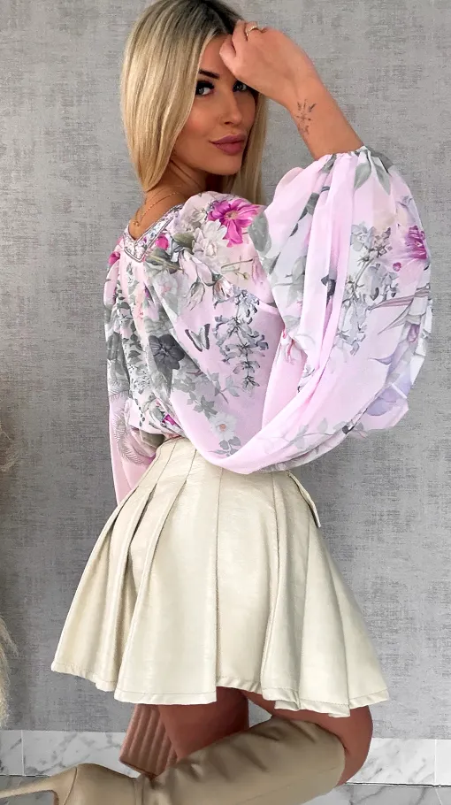 Luźna bluzka MGIEŁKA wiązana z bufiastymi rękawami - R608