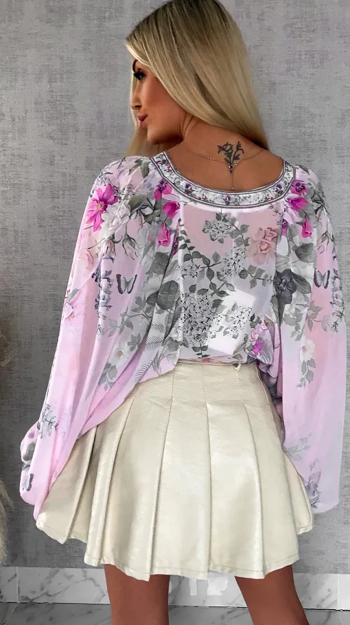 Luźna bluzka MGIEŁKA wiązana z bufiastymi rękawami - R608