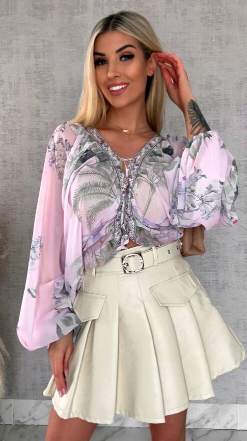 Luźna bluzka MGIEŁKA wiązana z bufiastymi rękawami - R608