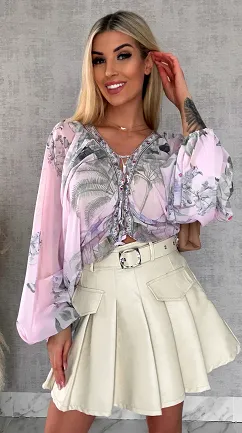 Luźna bluzka MGIEŁKA wiązana z bufiastymi rękawami - R608